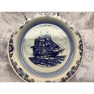 Vintage Delft Blue and White Ceramic Plate featuring Whaleship Charles W. Morgan